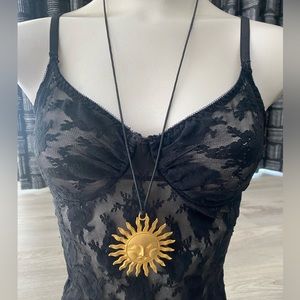 Vintage Sun Face Bohemian Costume Jewelry Madallion Cord Necklace Rope Chain